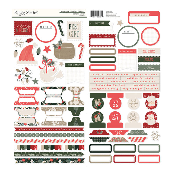 A sheet of planner stickers from Simply Stories featuring Christmas and holiday-themed designs, including Santa hats, candy canes, gift boxes, ornaments, labels, and festive washi tape in red, green, beige, and white.
