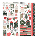 A double-sheet Christmas sticker or decoupage sticker set from Simply Stories, featuring festive illustrations including Santa Claus, snowman, candy canes, ornaments, houses, banners, and holiday text on a white background.