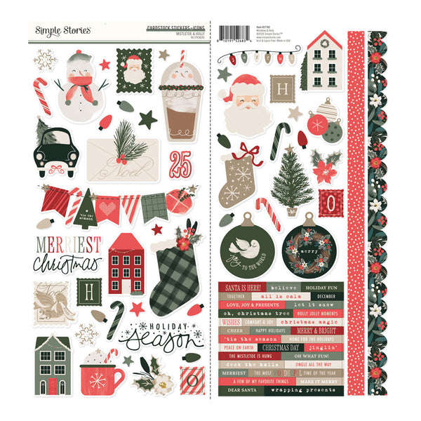 A double-sheet Christmas sticker or decoupage sticker set from Simply Stories, featuring festive illustrations including Santa Claus, snowman, candy canes, ornaments, houses, banners, and holiday text on a white background.