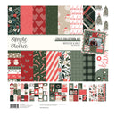 A 12x12 collection kit of scrapbooking paper from Simple Stories, featuring various Christmas-themed patterns like stripes, plaid, hearts, candy canes, and Santa Claus motifs in red, green, beige, and white.