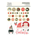 A sheet of decorative adhesive brads and stickers from Simple Stories, featuring holiday designs including Santa Claus, a Christmas car, holly, pinecones, plaid patterns, and festive text like 'Jolly', 'ho ho ho', and 'Merry Santa'.