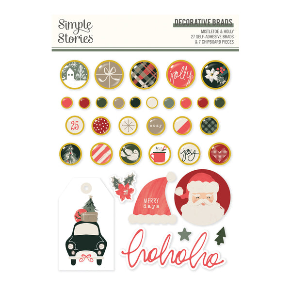 A sheet of decorative adhesive brads and stickers from Simple Stories, featuring holiday designs including Santa Claus, a Christmas car, holly, pinecones, plaid patterns, and festive text like 'Jolly', 'ho ho ho', and 'Merry Santa'.