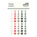A sheet of 60 glossy enamel dots from Simple Stories 'Mistletoe & Holly' collection, featuring columns of translucent white, red, taupe, and forest green dots of varying sizes on a white background.