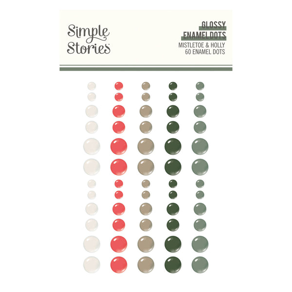 A sheet of 60 glossy enamel dots from Simple Stories 'Mistletoe & Holly' collection, featuring columns of translucent white, red, taupe, and forest green dots of varying sizes on a white background.