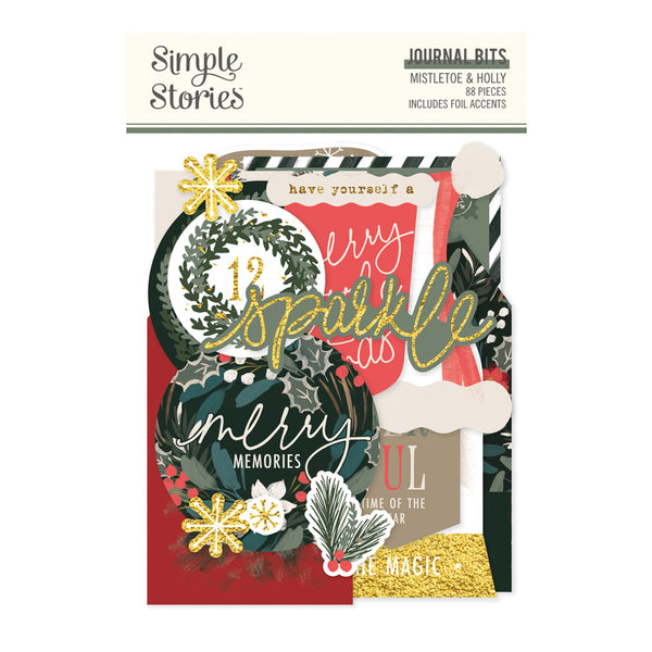 Simple Stories Journal Bits Mistletoe & Holly 60-piece craft paper set, featuring festive layered paper designs with Christmas motifs, gold glitter text, and holiday colors on a white background.