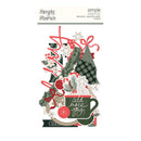 Simple Stories 'Add More Joy' Christmas page pieces set, featuring festive die-cut stickers with a mug, plaid pattern, snowflakes, and holiday decorations on a white background.