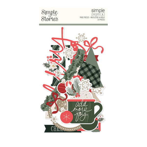 Simple Stories 'Add More Joy' Christmas page pieces set, featuring festive die-cut stickers with a mug, plaid pattern, snowflakes, and holiday decorations on a white background.