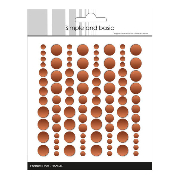 A sheet of brown enameled dots in various sizes on a white backing card, labeled 'Simple and basic' and 'Enamel Dots - SBA034'.