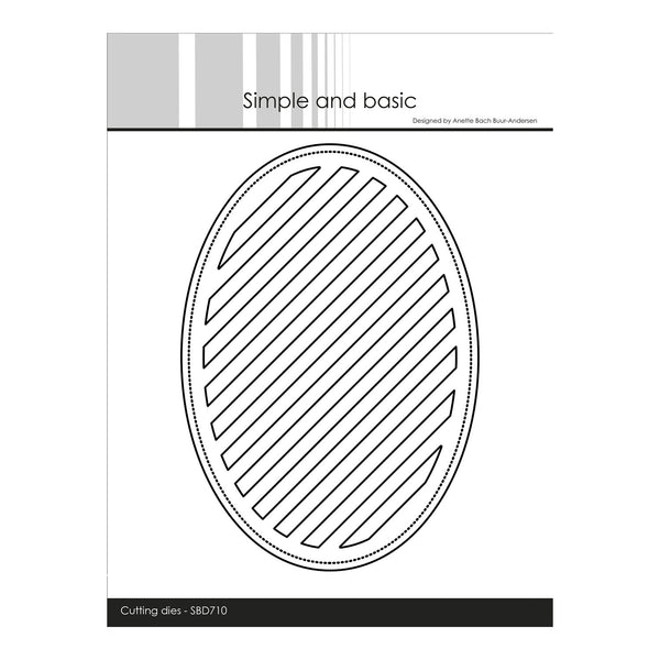 A black-and-white product sheet showing a large oval stencil or cutting template design with diagonal striped interior shapes. Text at the top reads 'Simple and basic,' and text at the bottom reads 'Cutting dies - SB0710.