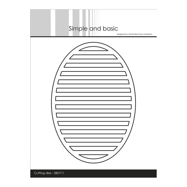 A black and white product cover or instruction sheet for a cutting die, featuring the title 'Simple and basic' at the top and a large oval outline with horizontal slot lines in the center. Text at the bottom reads 'Cutting die - SB0711' and the design is credited to Annette Baech from Annette's Flour Anatomies.