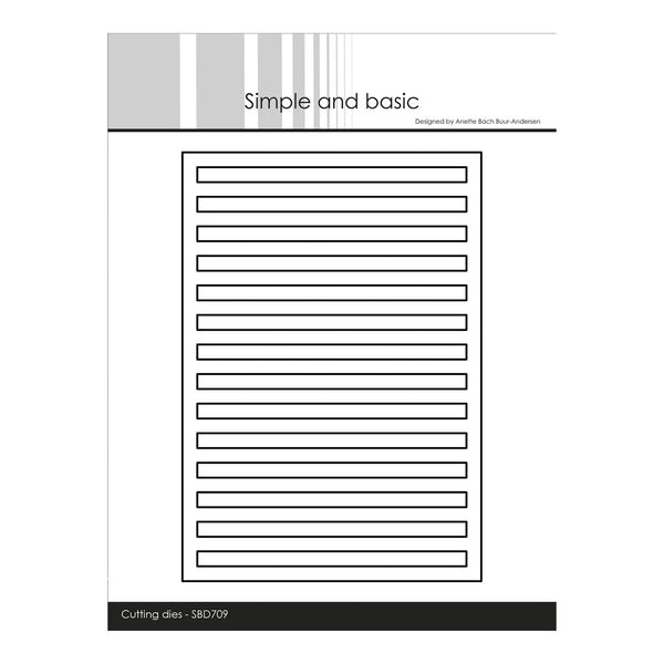 A black and white paper template sheet with the title 'Simple and basic' at the top, featuring a large rectangular outline with horizontal slots and a black bar at the bottom labeled 'Cutting dies - SB20709'.