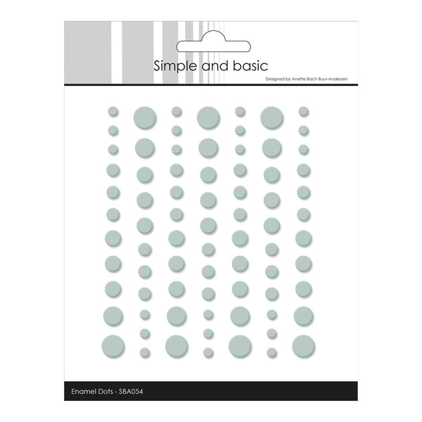 Packaging of 'Simple and Basic' enamel dots with a white background