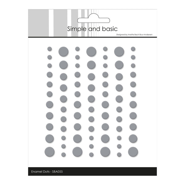 Packaging of 'Simple and Basic' enamel dots with gray polka dots on a white background.