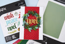 A handmade Christmas greeting card featuring a green wreath with red berries and gold 'Merry' lettering over a red polka-dot background, displayed alongside its packaging and a green patterned paper sheet.
