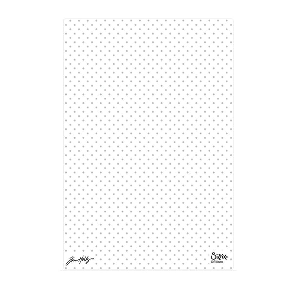 A white rectangular sheet with a uniform grid of small gray dots, featuring a black signature-style logo in the bottom-left corner and a black 'Sizzlin' logo in the bottom-right corner.