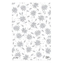 A rectangular white sheet featuring a repeating gray Christmas pattern of snowflakes, holly leaves, and small dots, with the signatures of Jane Hydy and Sizzlin' Paper visible at the bottom.