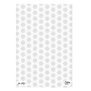 A square sheet of patterned paper featuring a repeating snowflake design in light gray on a white background, with a signature in the bottom left and a small 'Sizzlin' Easy Sew' logo in the bottom right.