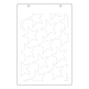 A white rectangular stencil sheet with multiple irregular star-shaped cutouts and two small hanging holes at the top, shown on a plain white background.