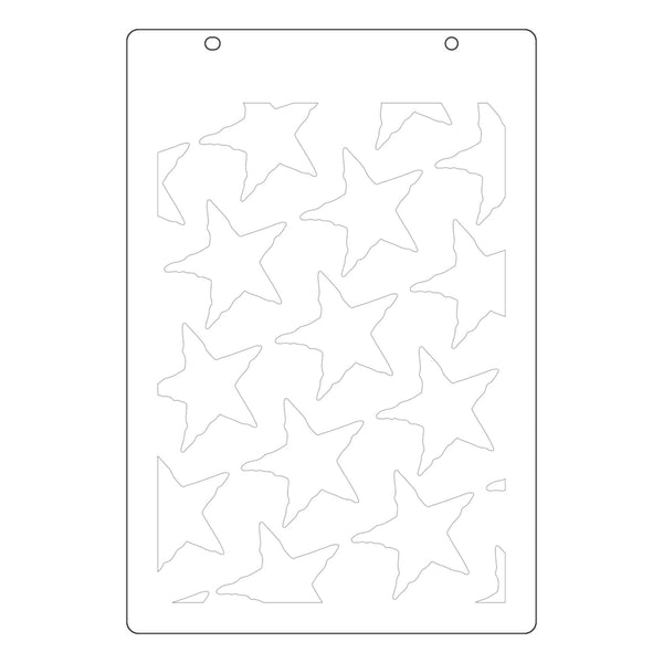 A white rectangular stencil sheet with multiple irregular star-shaped cutouts and two small hanging holes at the top, shown on a plain white background.
