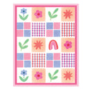 A square patchwork-style art print or textile design with a pink border, featuring pastel pink and lavender blocks, floral motifs, leaf shapes, grid patterns, and a small rainbow on a white background.