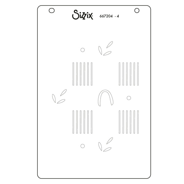 A clear rectangular stamping plate with rounded corners, featuring black line-art outlines of leafy branches, vertical bars, and a small arch. The brand name 'Sizix' and product code '667204 - 4' are printed at the top.