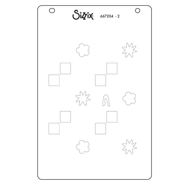 A clear rectangular stamping plate or stencil sheet from Sizzix, shown on a white background. The plate has the Sizzix brand name and product number 667204-2 printed at the top, with several light gray outline shapes including flowers, stars, and squares for stamping.