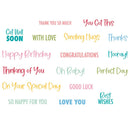 Collection of colorful text phrases on a white background