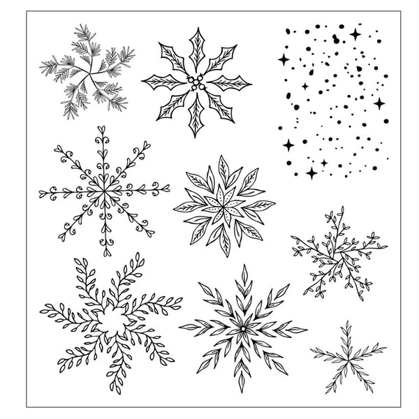 Set of black snowflake designs on a white background