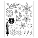 A sheet of black and white botanical line art featuring various flowers, leaves, and botanical illustrations arranged on a white background.
