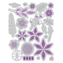 A sheet of floral die-cut stickers or decals featuring purple flower and botanical shapes outlined in gray, arranged on a plain white background.
