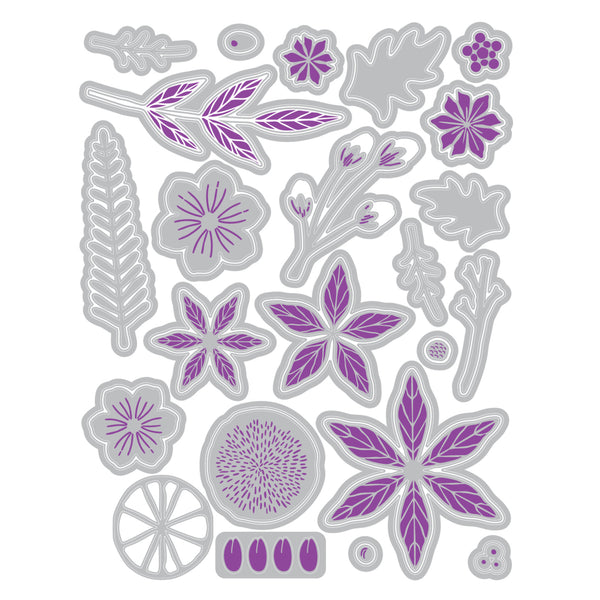 A sheet of floral die-cut stickers or decals featuring purple flower and botanical shapes outlined in gray, arranged on a plain white background.