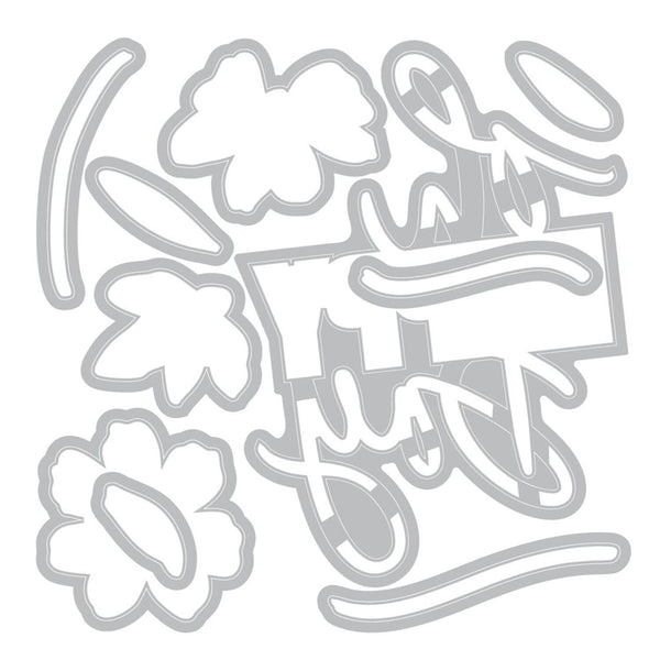 Metal die cut shapes with floral and text design on a white background