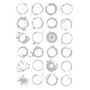 A sheet of circular stamp designs featuring various coffee ring patterns in light gray on a white background.