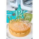 Birthday cake with a decorative topper on a white surface