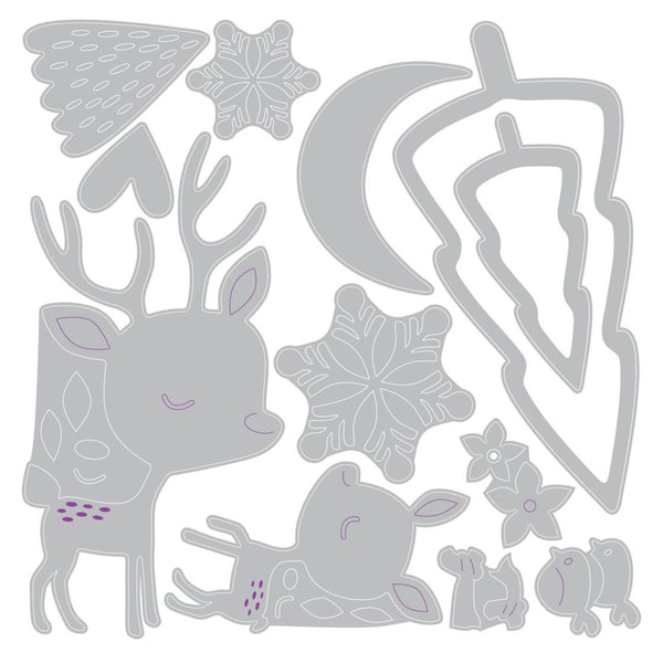 Set of metal cutting dies with deer, flowers, and moon design on a white background