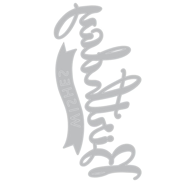 Metallic silver cutout with decorative text on a white background
