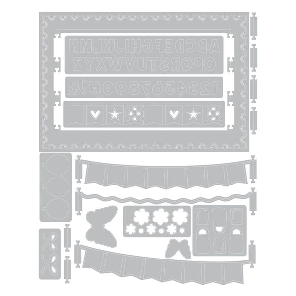 Set of metal dies with various shapes and text on a white background