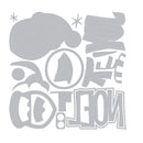 A gray graphic design featuring stylized text and abstract shapes on a white background, including the words 'CUTE' and 'NICE' with decorative elements.