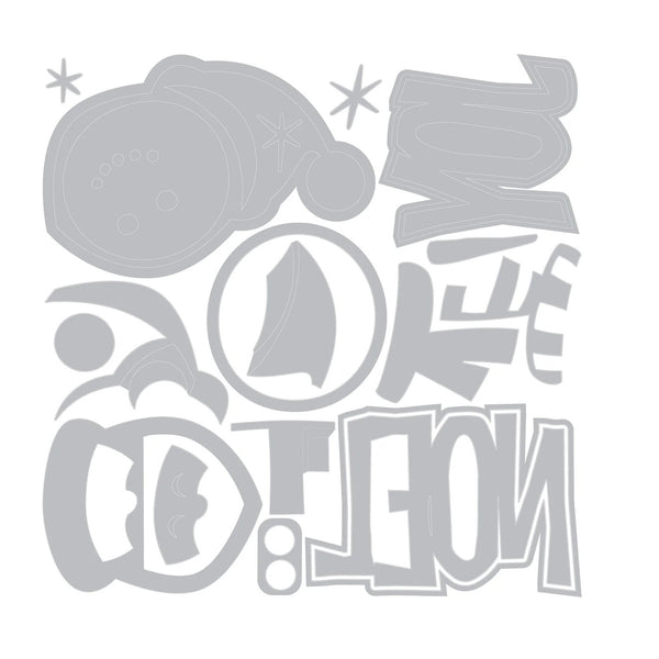 A gray graphic design featuring stylized text and abstract shapes on a white background, including the words 'CUTE' and 'NICE' with decorative elements.