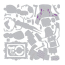 A flat layout of multiple light gray paper-cut or die-cut craft pieces arranged on a white background, with a few small purple accent shapes visible in a few pieces.