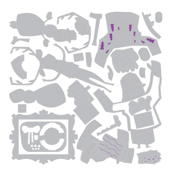A flat layout of multiple light gray paper-cut or die-cut craft pieces arranged on a white background, with a few small purple accent shapes visible in a few pieces.