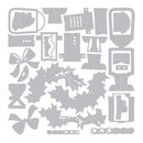 A sheet of gray die-cut craft or scrapbook paper featuring various holiday motifs including holly leaves, pinecones, bows, and snowman shapes on a white background.