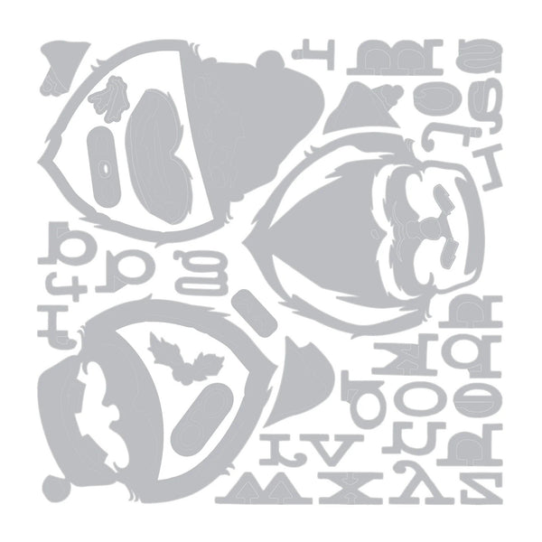 A sheet of gray Halloween-themed stencil or decal shapes on a white background, including a jack-o'-lantern, a cat face, a bat, and scattered spooky letters.