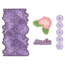 Decorative purple lace strip with floral elements and 'Smile' text on a white background