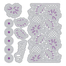 Decorative metal cutting dies with floral and lattice designs on a white background
