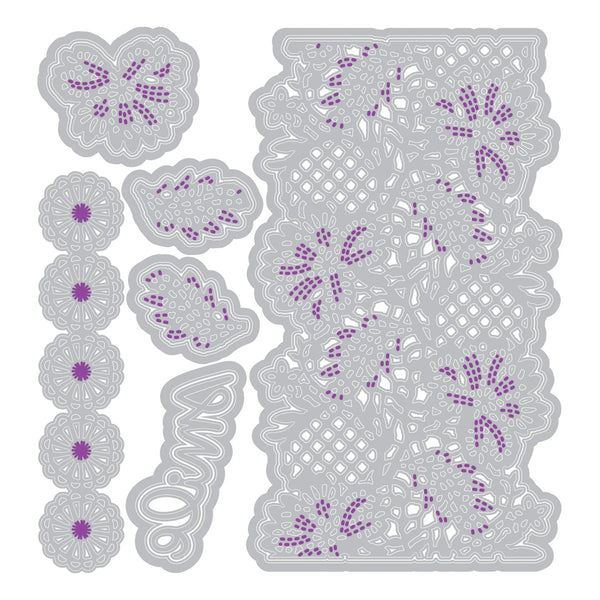 Decorative metal cutting dies with floral and lattice designs on a white background