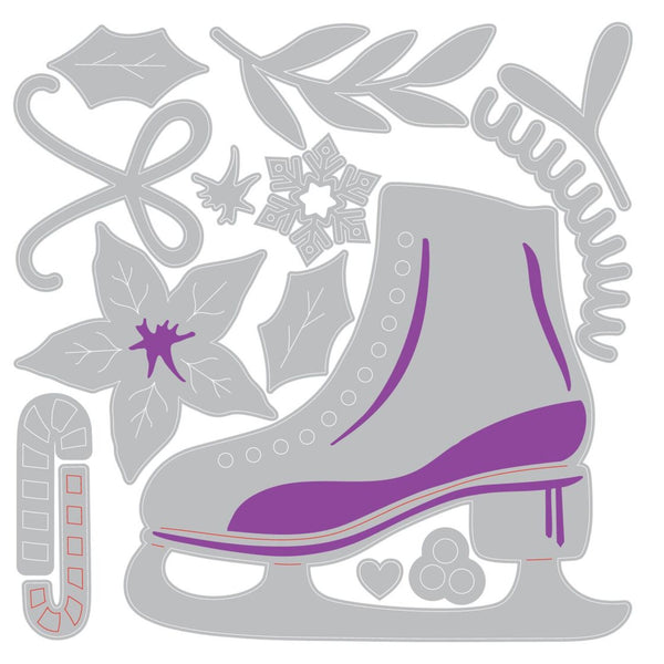 Decorative ice skate with floral and leaf elements on a white background