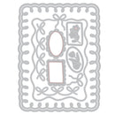 A flat lay of a decorative die-cutting or scrapbooking template sheet featuring a scalloped border and multiple ornate oval and rectangular template shapes outlined in red on a white background.