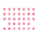 A set of pink circular letter and symbol stickers arranged in rows on a white background, including uppercase letters A through Z, punctuation marks, and heart, star, exclamation, question, plus, minus, and equals signs.