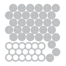 A sheet of circular metal stamp dies featuring various Latin letters, symbols, and mathematical operators, arranged in rows on a plain white background.